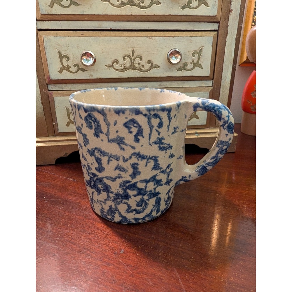 Vintage RRP Co Roseville Ohio Blue Spongeware Stoneware Coffee Mug USA 4x3.5